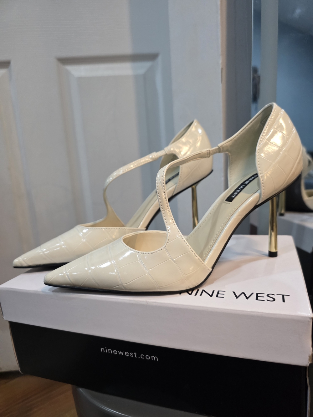 Nine West Cream Patent Croc T-Strap Stiletto Pumps with Gold Heel